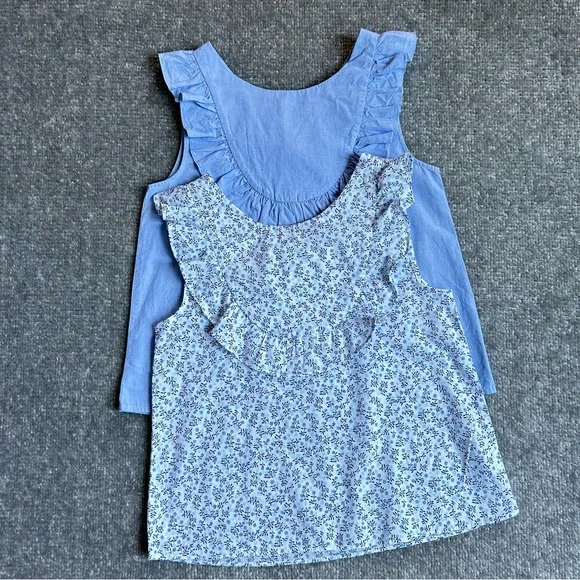 Jacadi Paris Bundle of 2 Blue And Floral Sleeveless Ruffled Tops, Size 8A - Picture 2 of 11